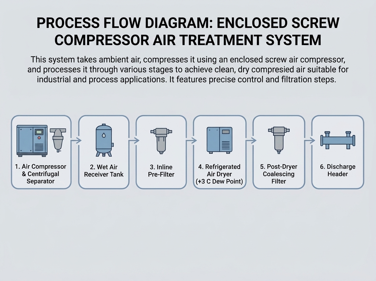 A 6-step flowchart showing the recommended sequence for compressed air treatment from air compressor to discharge header.