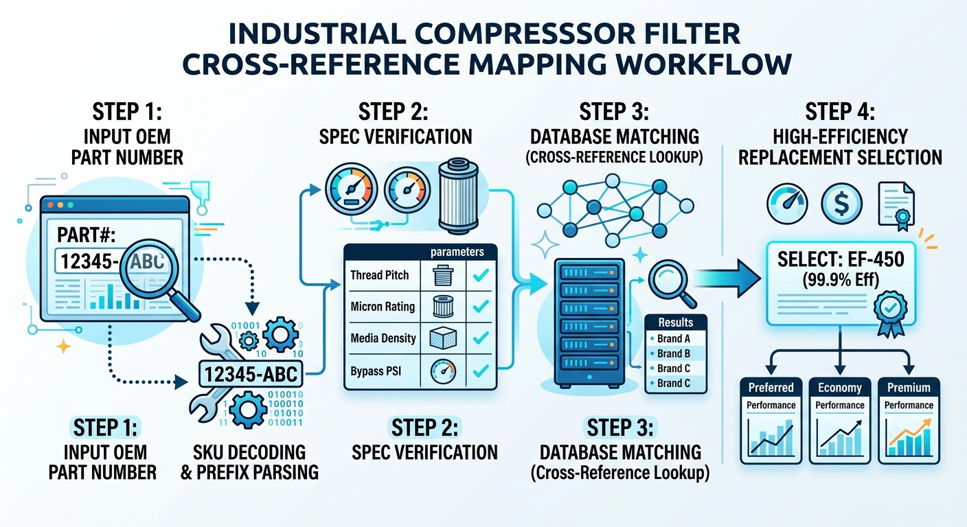 Bright, high-contrast technical visual mapping the 4-step compressor filter cross-reference process from OEM SKU input to high-efficiency replacement selection.