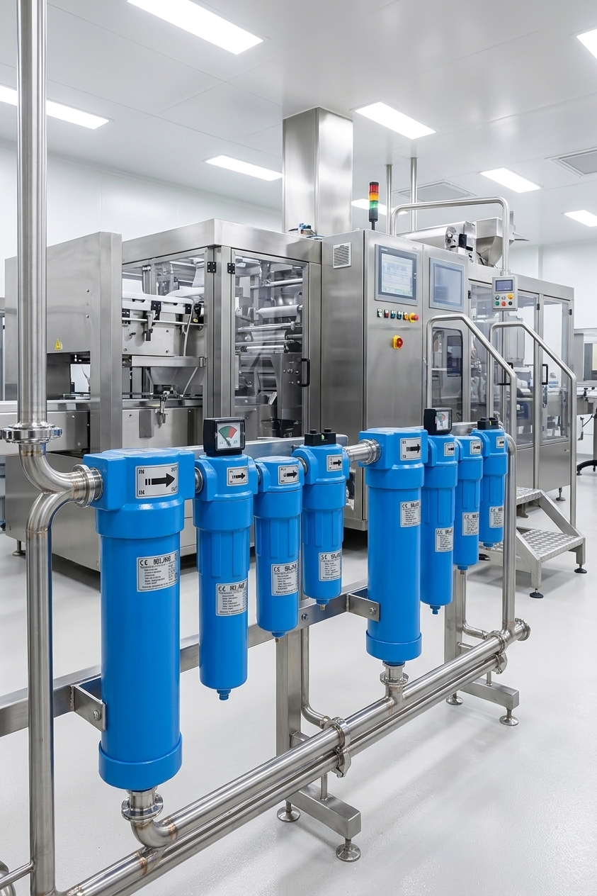 Multi-stage line filter cascade mounted on stainless steel compressed air piping in a food production facility