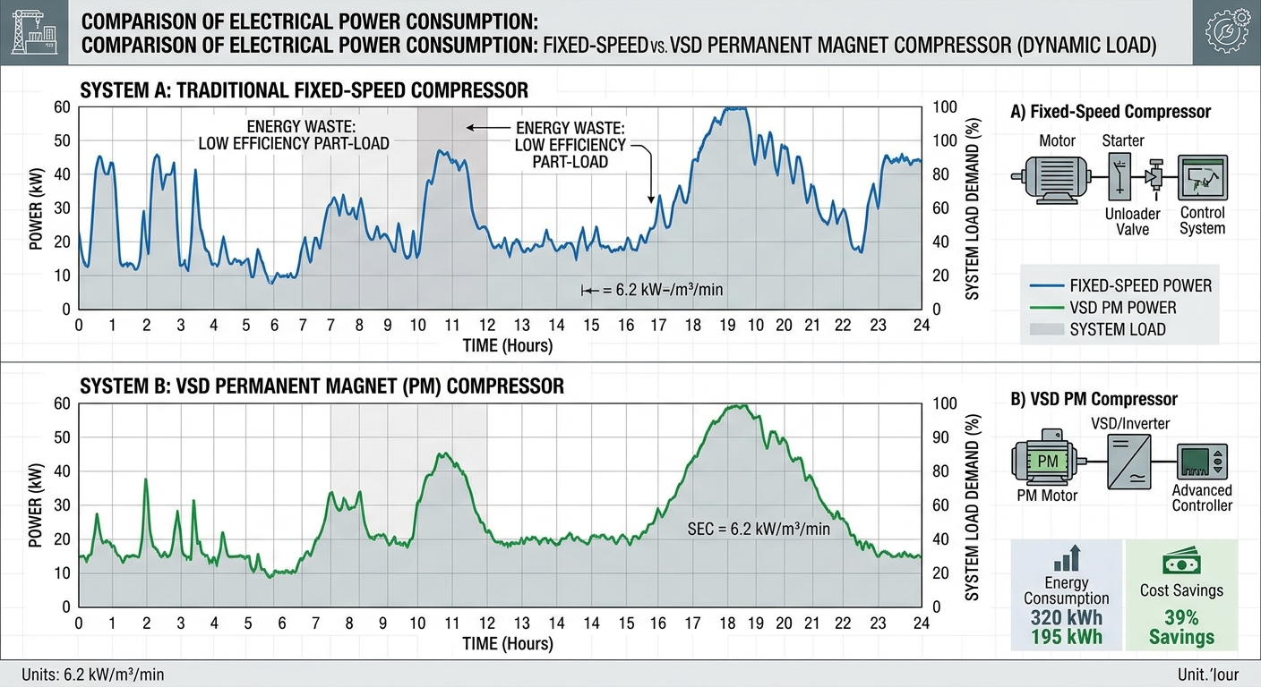 Technical diagram illustrating energy curve comparison between fixed-speed compressor and VSD PM motor compressor
